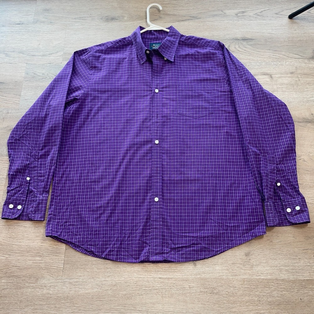 Members Mark Mens Large Cotton Poplin Shirt Purple Plaid Long Sleeve Button Down